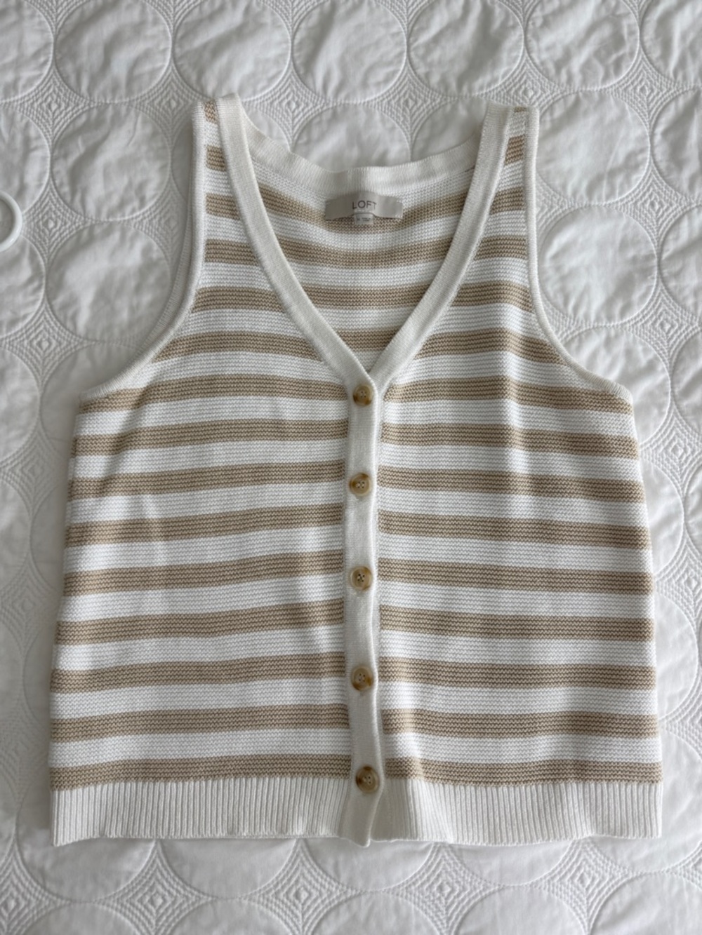 LOFT Striped Knit Sleeveless Tank - White & Beige M